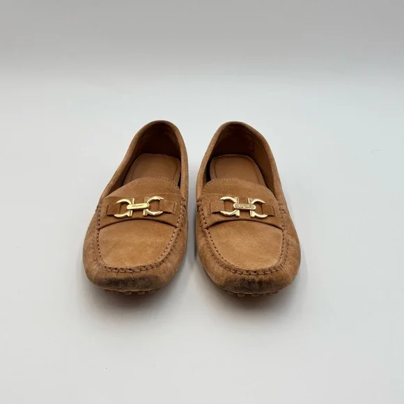 Salvatore Ferragamo Gancini Suede Driving Loafers Tan Gold - Picture 2 of 9